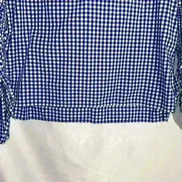 Gap Blue Gingham Plaid Top Ruched Shirted Sleeves Square Neck Small - Picture 7 of 7